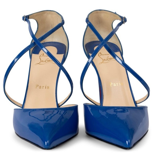 Christian Louboutin | Electric Blue Patent Leather Criss Cross Blake 100 Pumps - Picture 10 of 17
